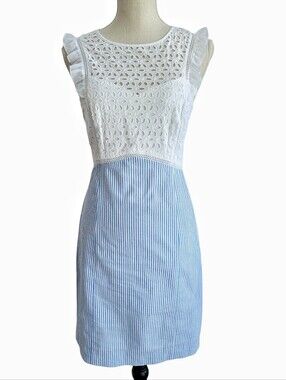 Lilly Pulitzer Maya Dress White Eyelet Blue Seersucker Ruffle Summer Size 2